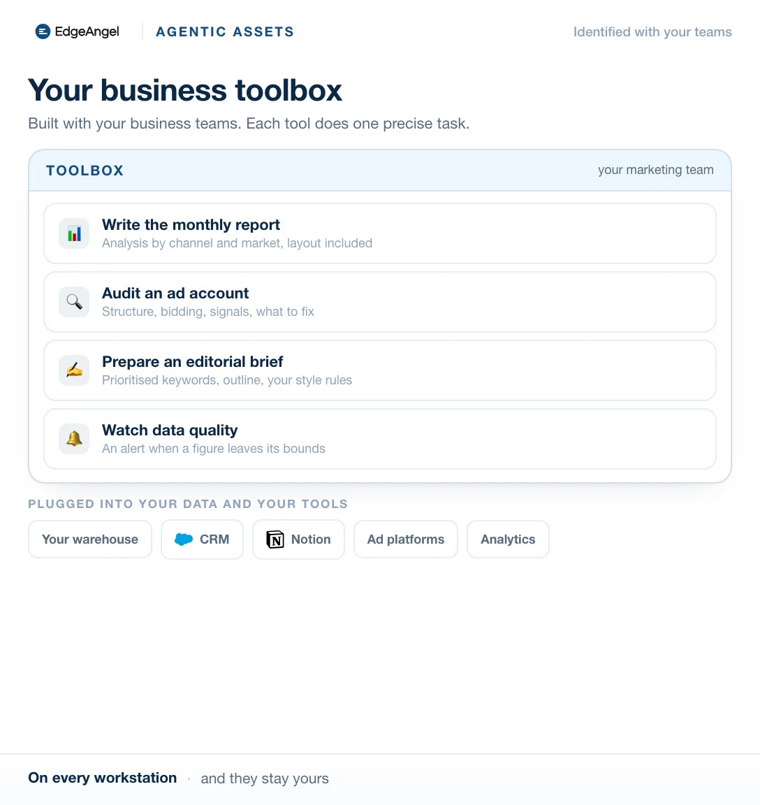 A business toolbox: write the monthly report, audit an account, prepare a brief, watch data quality, plugged into the warehouse, the CRM and the ad platforms