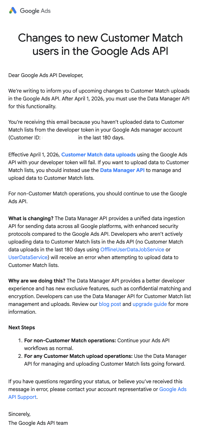 Email de notification Google Ads concernant la migration Customer Match vers la Data Manager API
