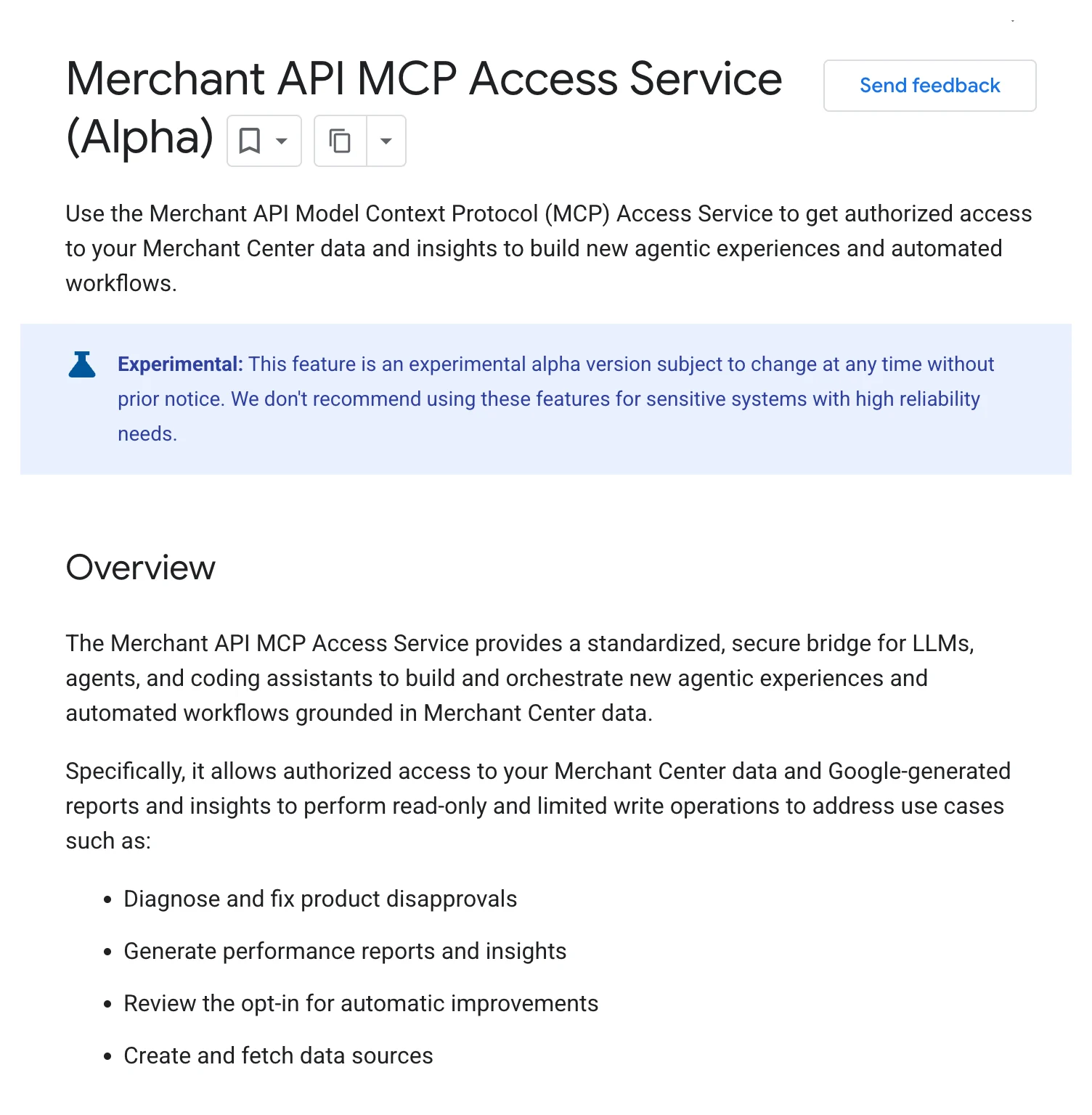 Google for Developers documentation: the Merchant API MCP Access Service, in experimental alpha, with its use cases, including diagnosing and fixing product disapprovals.