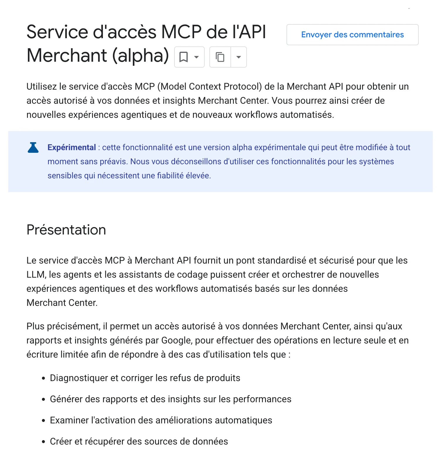 Documentation Google for Developers : service d'accès MCP de la Merchant API, en version alpha expérimentale, avec ses cas d'usage, dont le diagnostic et la correction des refus de produits.