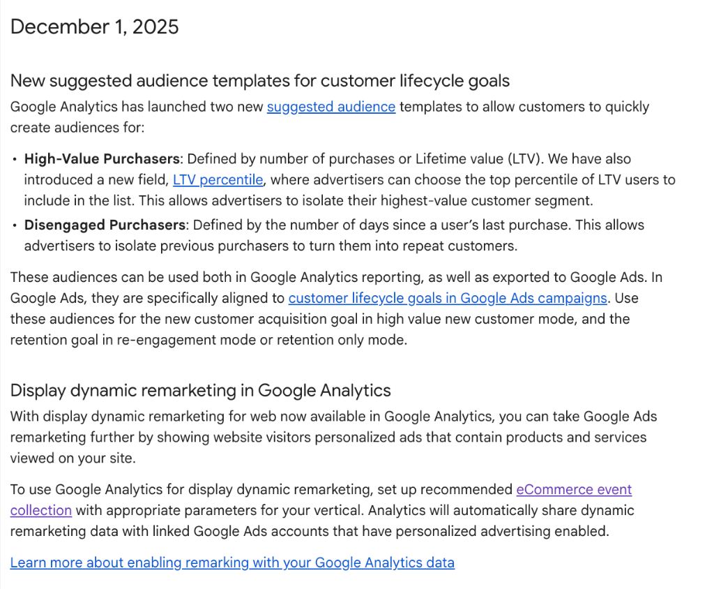 Release Note Google Analytics Décembre 2025