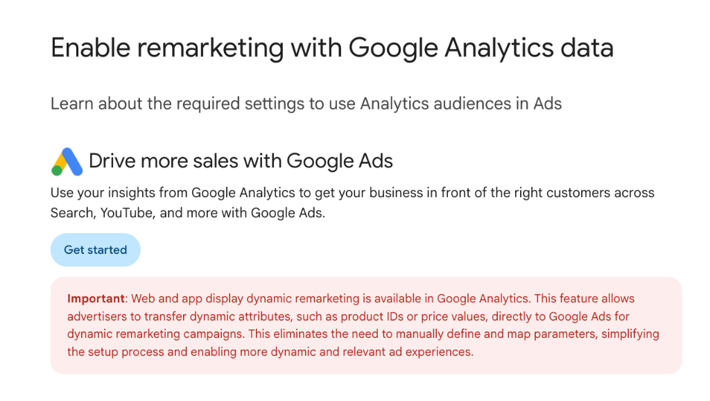 Interface d'activation du remarketing avec les données Google Analytics