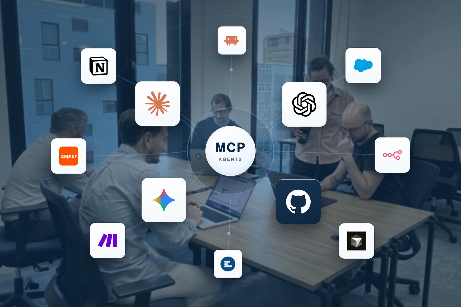 L'équipe EdgeAngel en arrière-plan et le paysage des solutions IA : plateformes, outils d'automatisation et IDE reliés aux agents par le standard MCP.