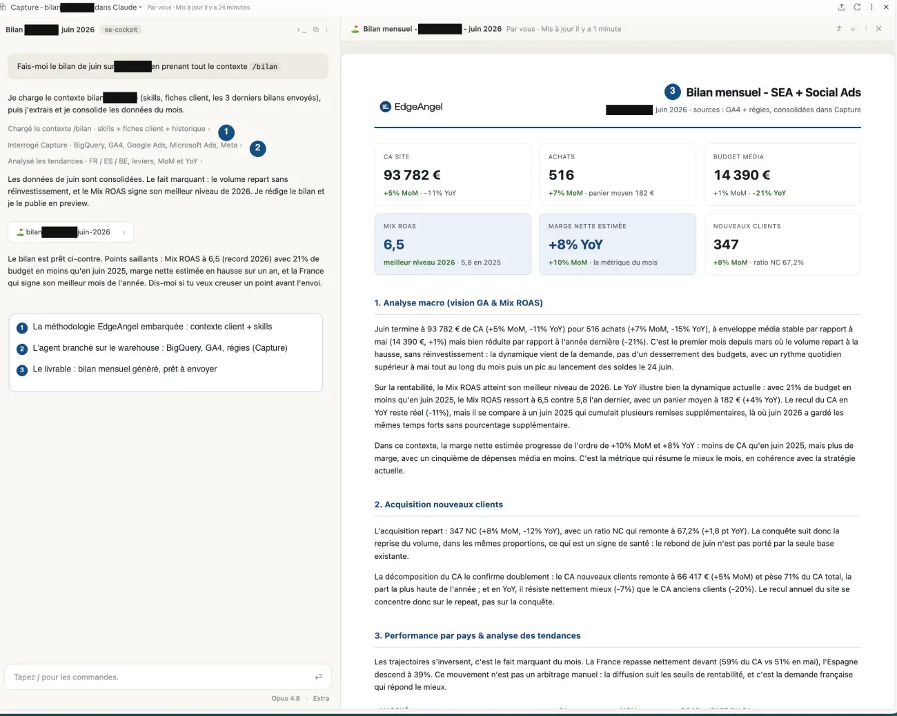 L'agent en situation : méthodologie EdgeAngel embarquée, branché sur l'entrepôt, bilan mensuel généré