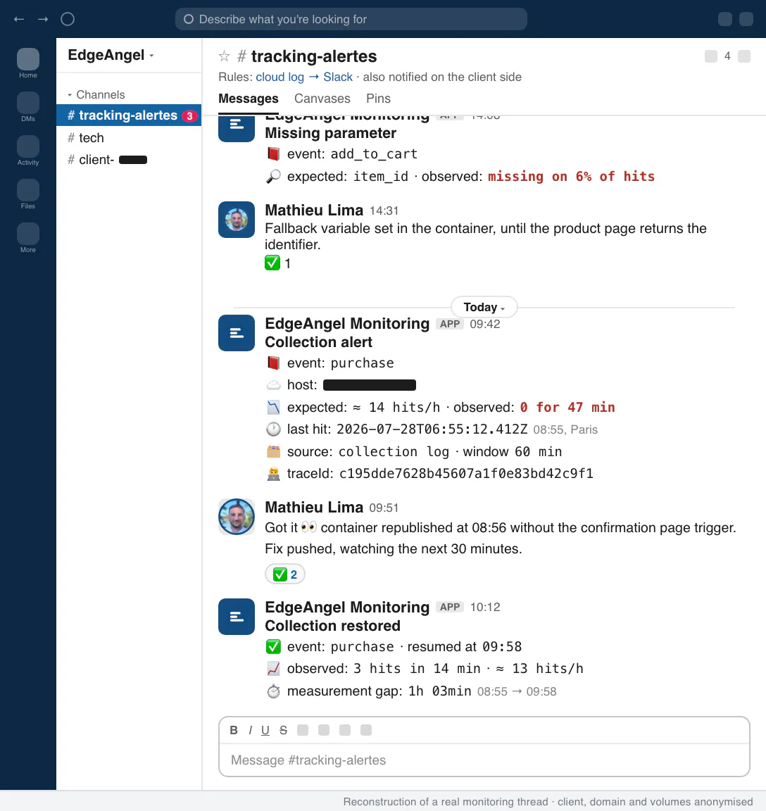Slack monitoring channel: collection alert, consultant reply, recovery confirmed