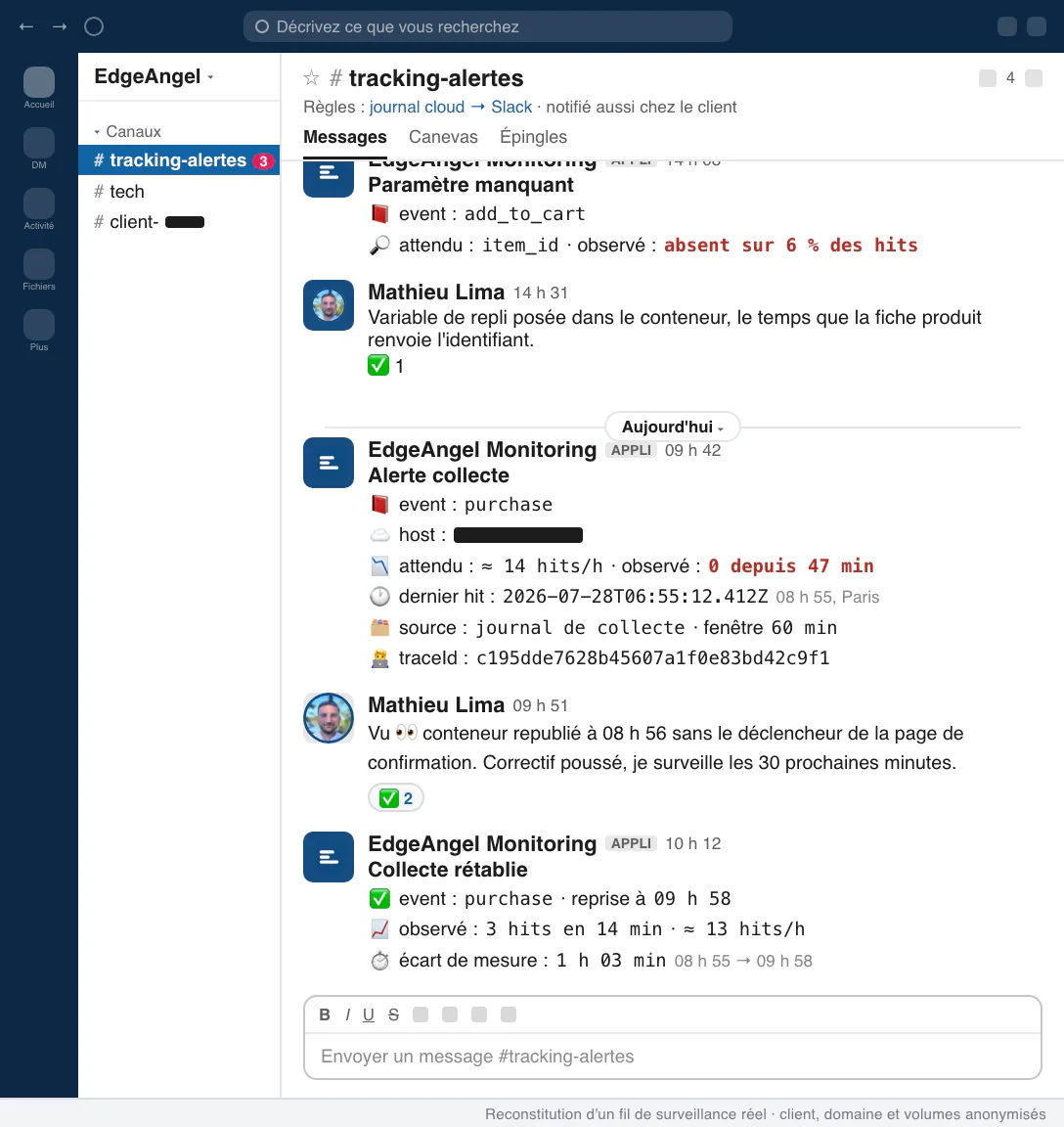 Canal Slack de surveillance : alerte de collecte, réponse du consultant, rétablissement constaté