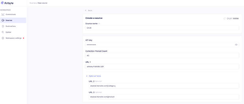 Custom Airbyte Connector Configuration for CrUX
